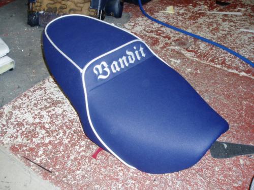 Dan's bandit design, in blue suade effect vinyl